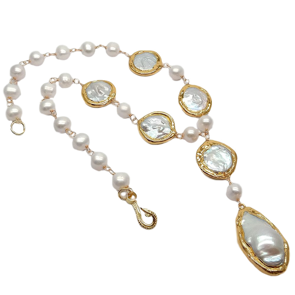Cultured White Coin Pearl Potato Pearl Y-Drop Necklace Keshi pearl Pendant 20″
