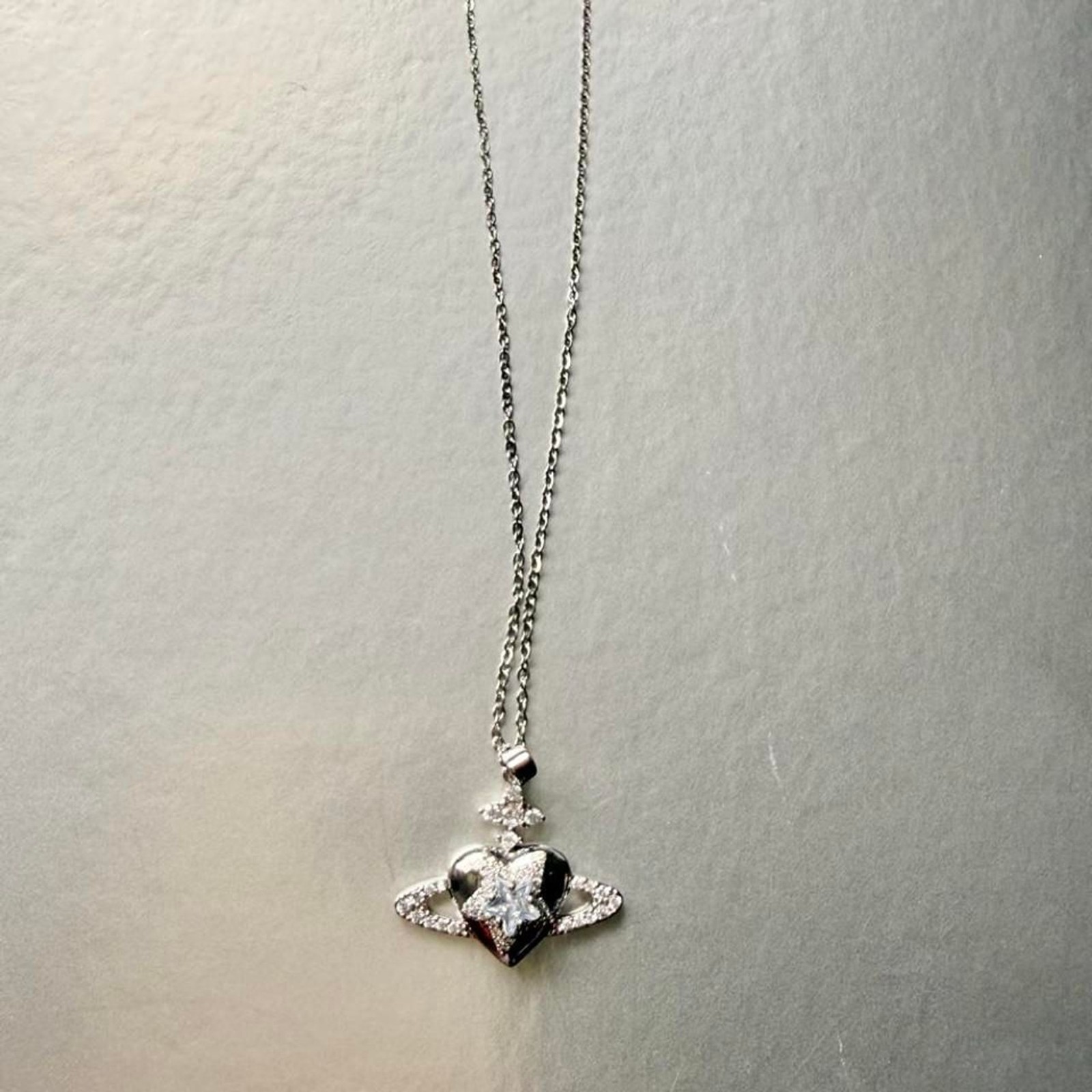 Sparkling Heart Saturn CZ Pendant Stainless Steel Necklace