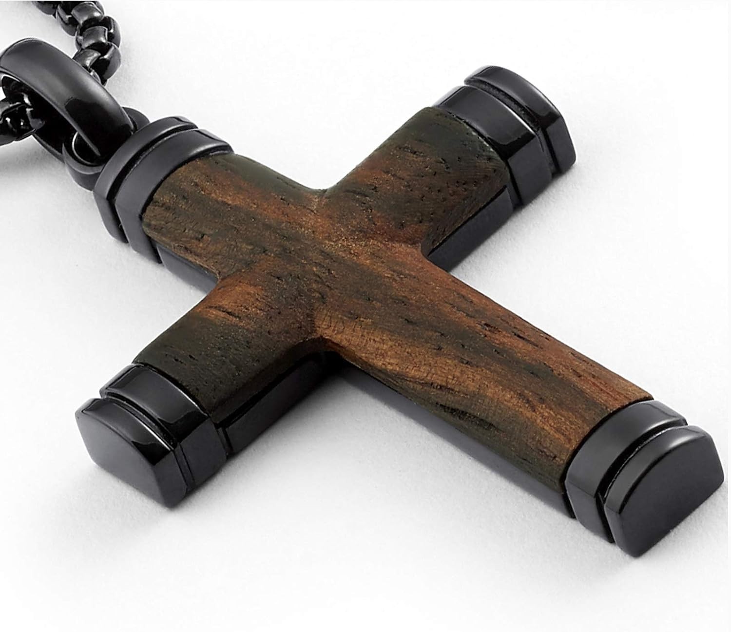 Men’s Black Stainless Steel Cross Pendant Necklace with Santos Wood Inlay | 24″