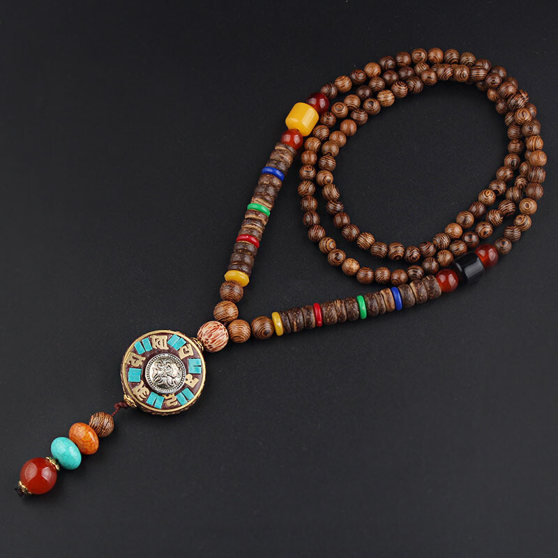 1pc Nepal Long Buddhist Wood Beaded Pendant Necklace Ethnic Buddha Lucky Jewelry