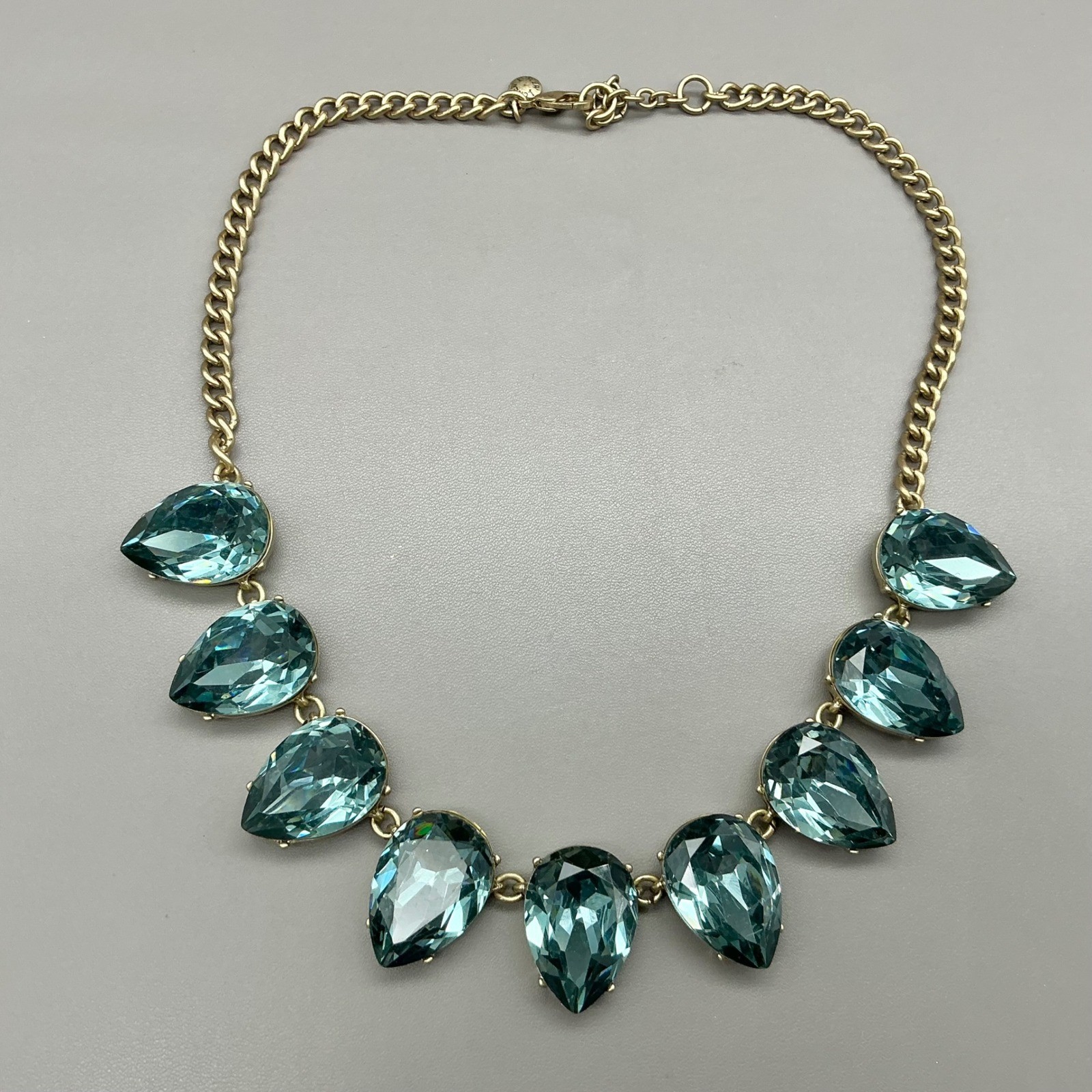 J.Crew Necklace Blue Crystal Statement Bib Gold Tone Teardrop Adjustable 16-18″