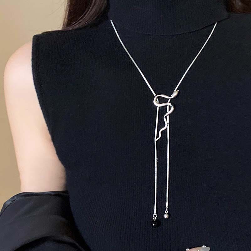 Silver Snake Pendant Necklace for Women Adjustable Long Tassel Punk Jewelry Gift