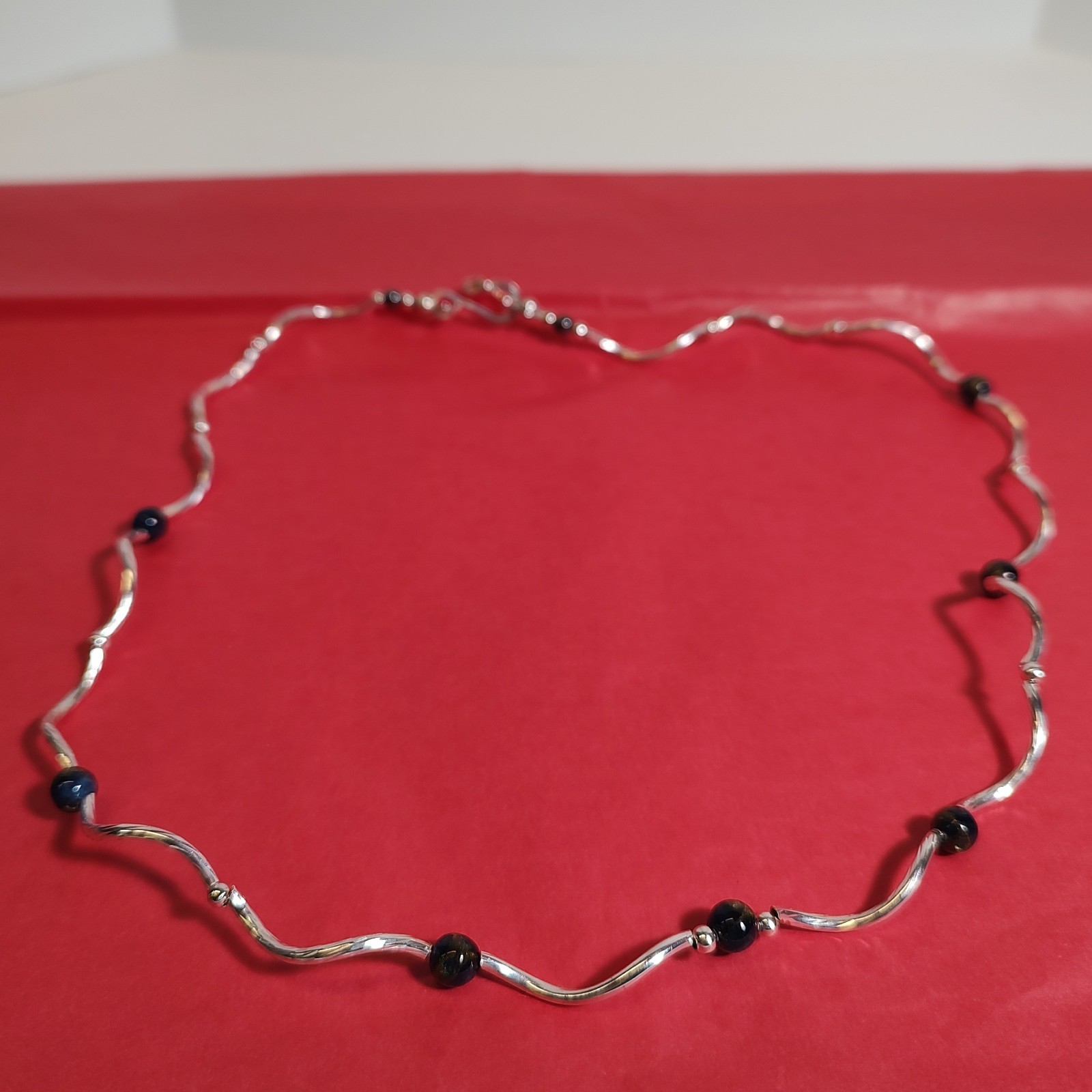 Silver Plated Necklace With Blue Tiger Eye Beads Handmade 20″ Hook & Loop Clasp