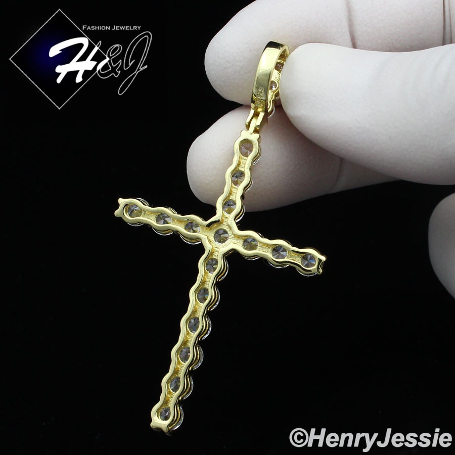 925 STERLING SILVER 18″-28″X3MM GOLD PLATED TENNIS CHAIN CZ CROSS PENDANT*GP170