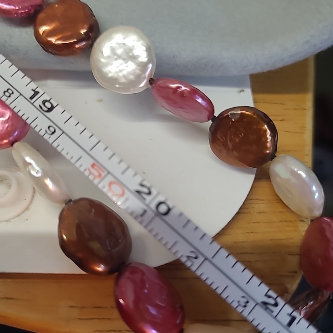 CGI China Necklace Woman Fuchsia Bronze White Freshwater Coin Pearl 37 Inch Long