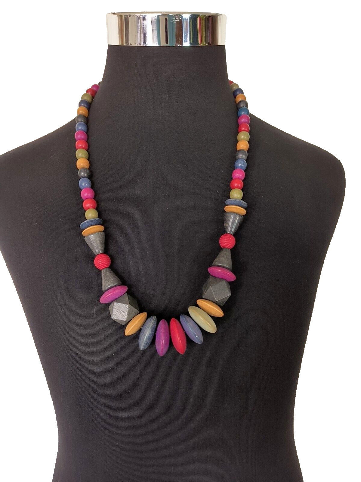 Women’s Statement Necklace Multicolor Wooden Beads Assorted Sizes 15 in drop