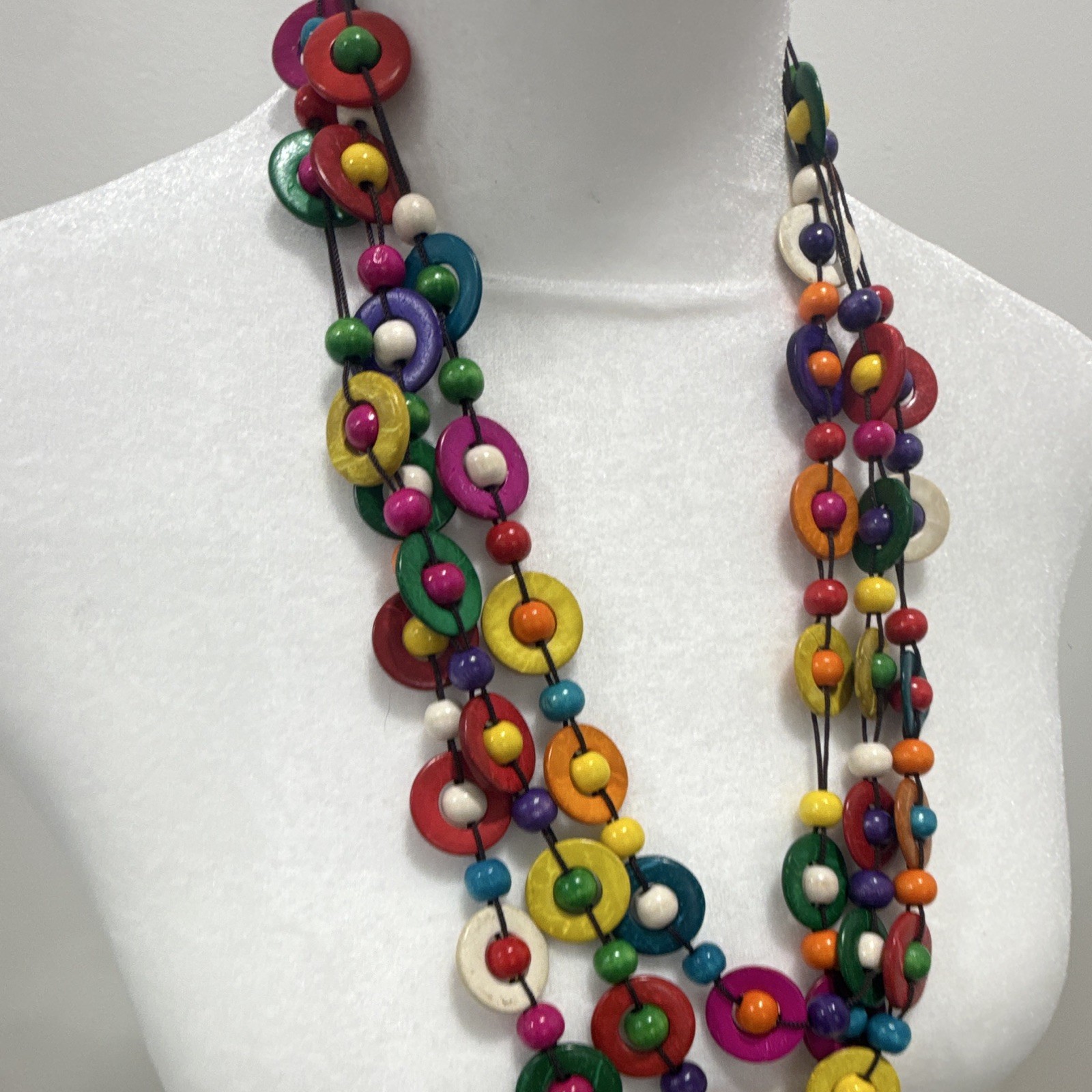Multicolor Wood Beaded Statement Necklace Donut Pendant Cord Adjustable Slip