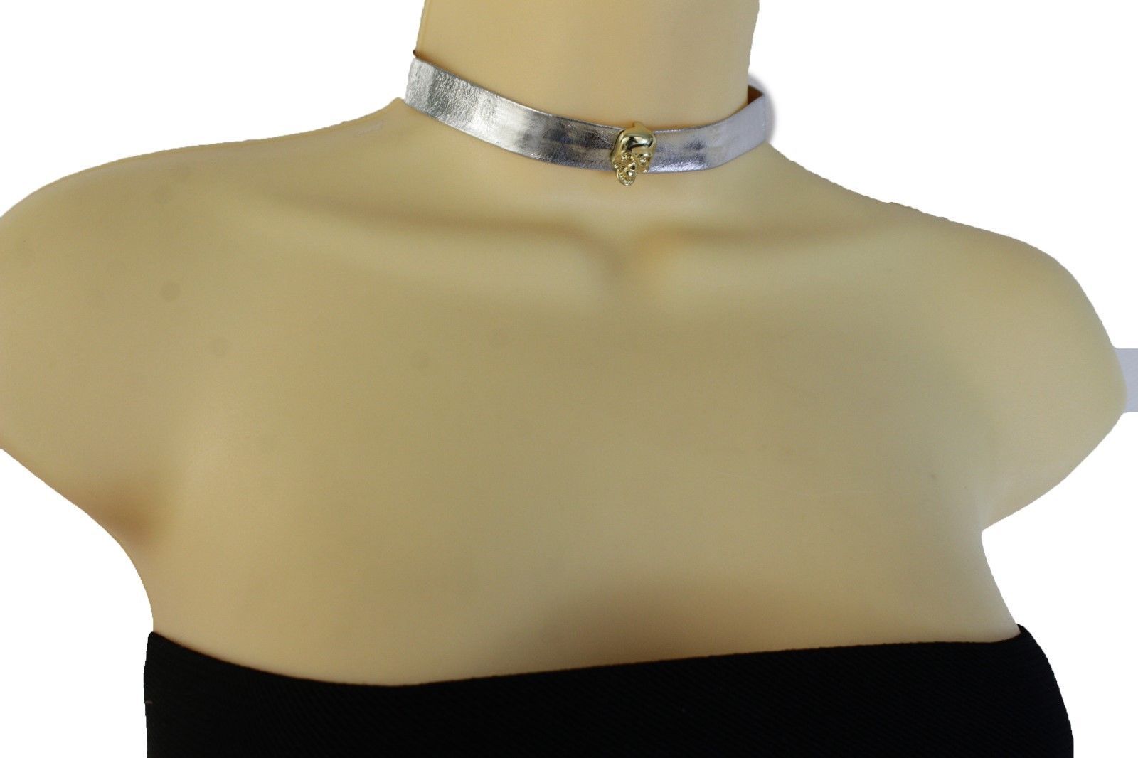 Hot Women Skinny Band Metallic Silver Choker Fashion Jewelry Necklace Gold Skull