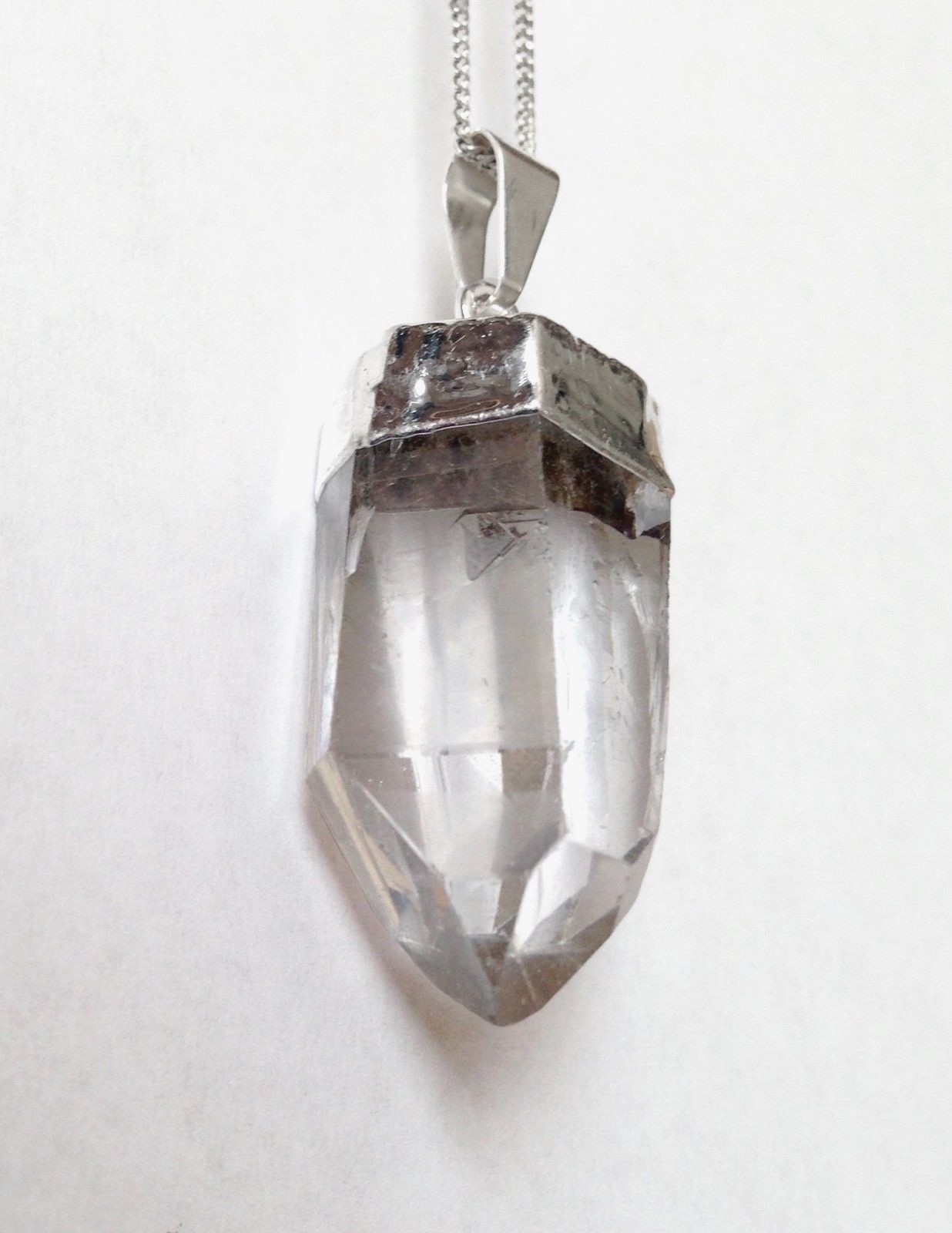 Natural QUARTZ Crystal Terminated Point Silver Chakra Pendant Necklace CHARGED H