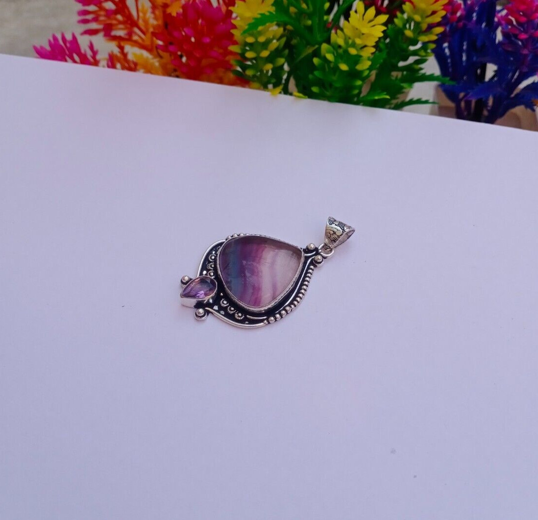 Natural Fluorite sterling silver plated pendant | Amethyst Pendant Jewelry