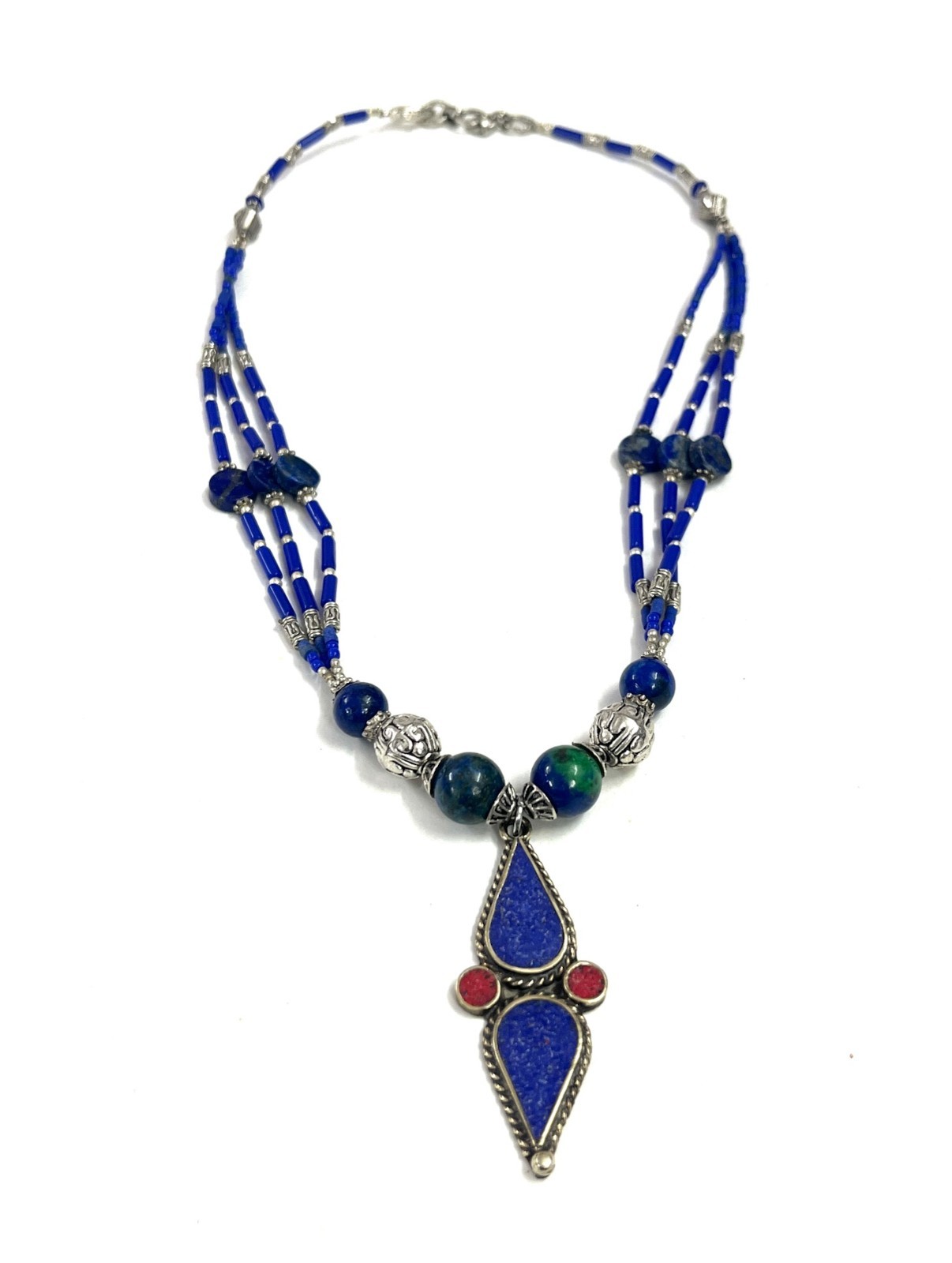 Antique Lapis Lazuli Gemstone Tibetan Bohemian Necklace Jewelry, 17 inch Adju