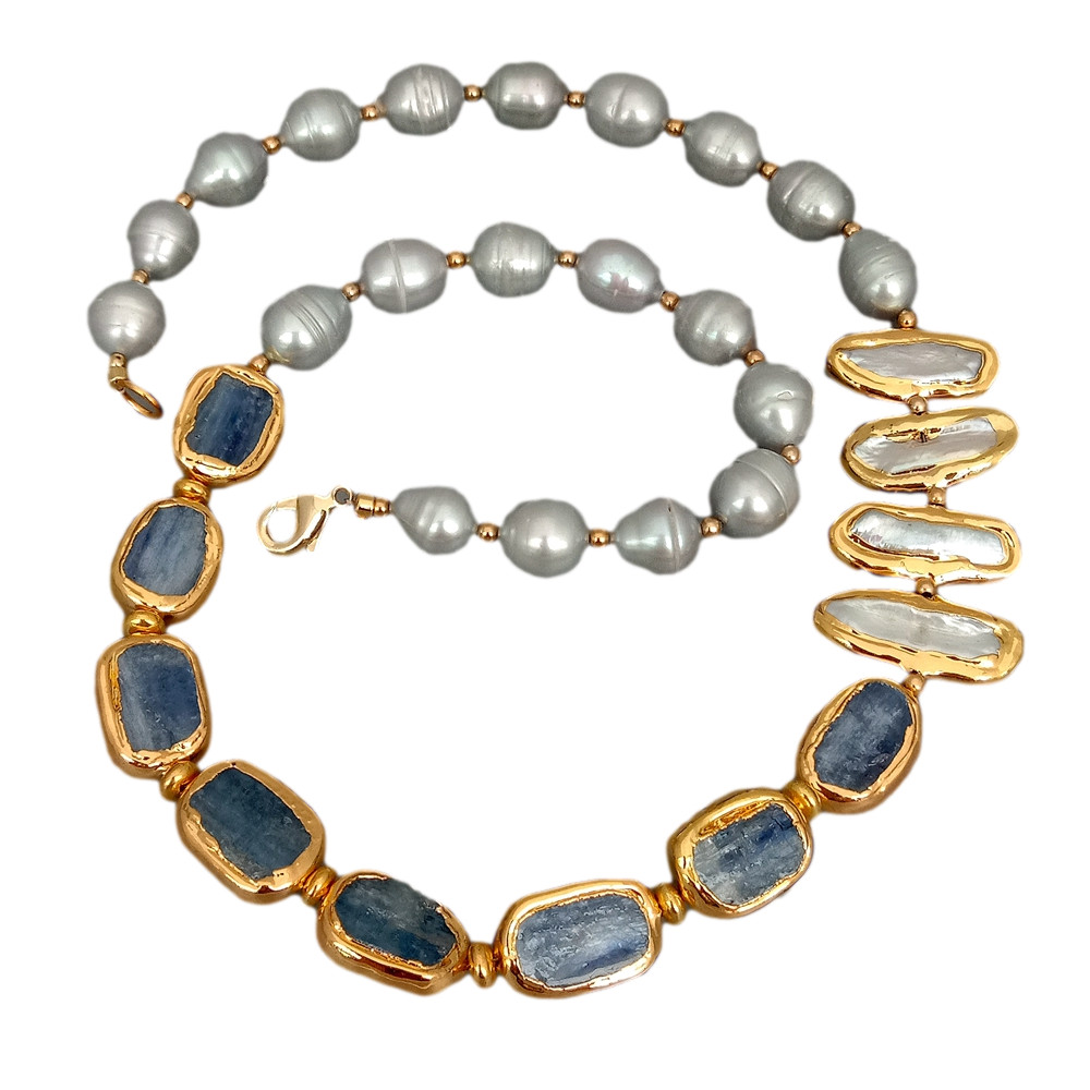 Freshwater Cultured Gray Rice Pearl White Biwa Pearl Blue Kyanite Necklace 23″