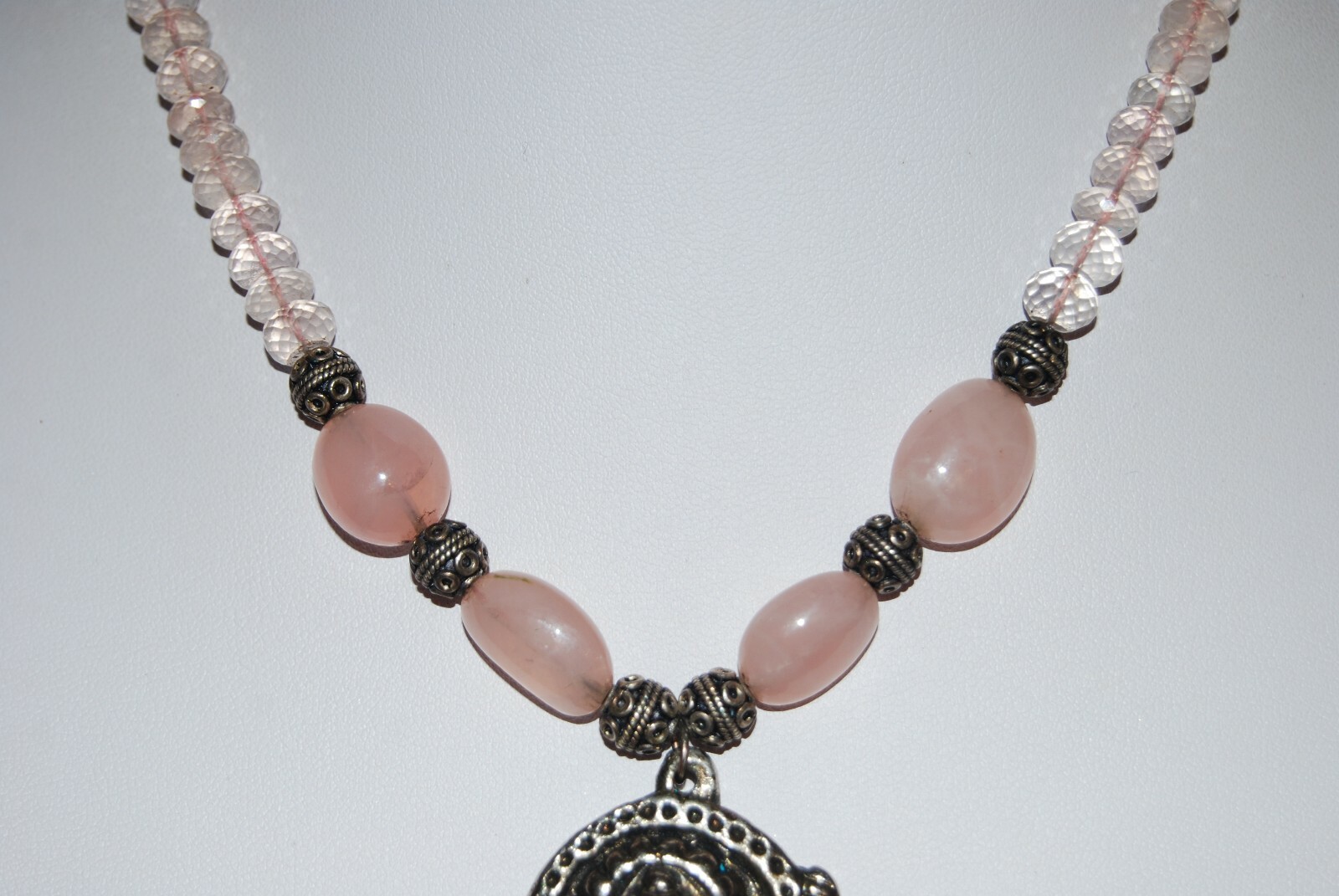 ELEPHANT SILVER TONED PENDANT WITH PINK NATURAL & GLASS BEADS STRAND NECKLACE