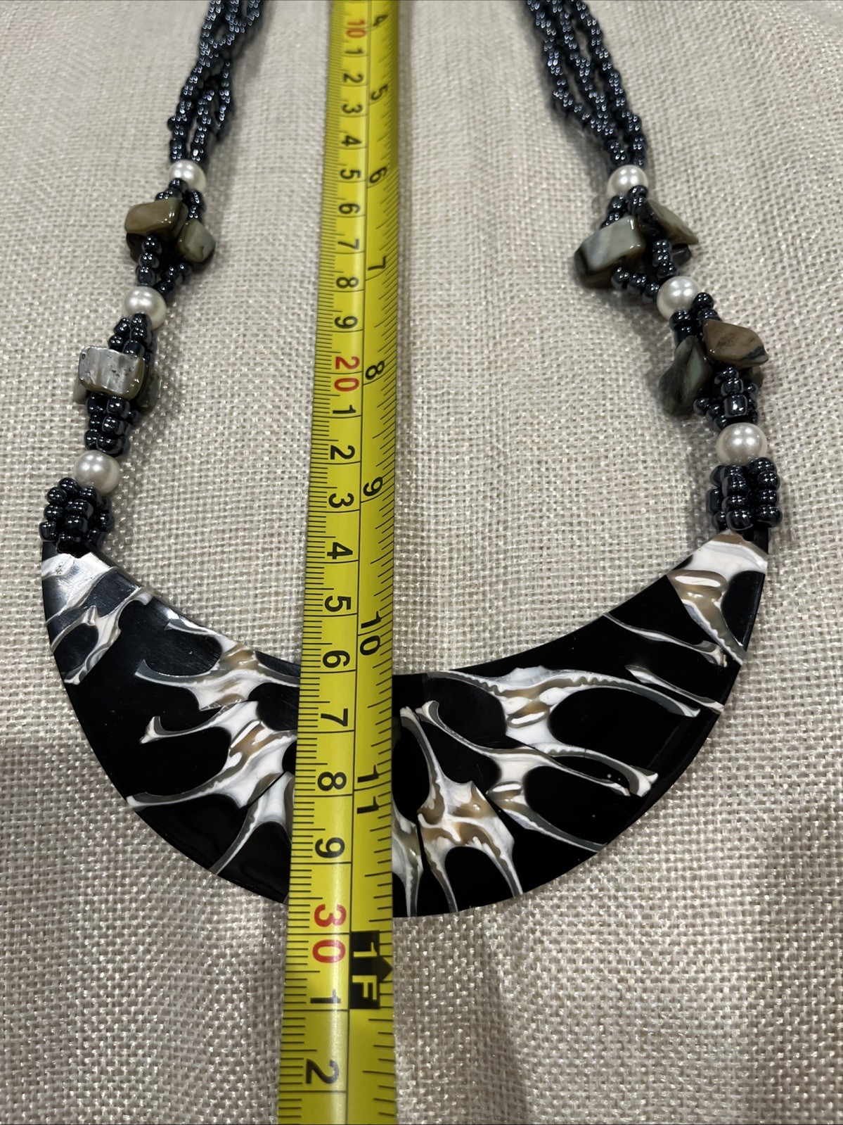 Black Beaded Moon Shell Multi Strand Necklace 12 X 5