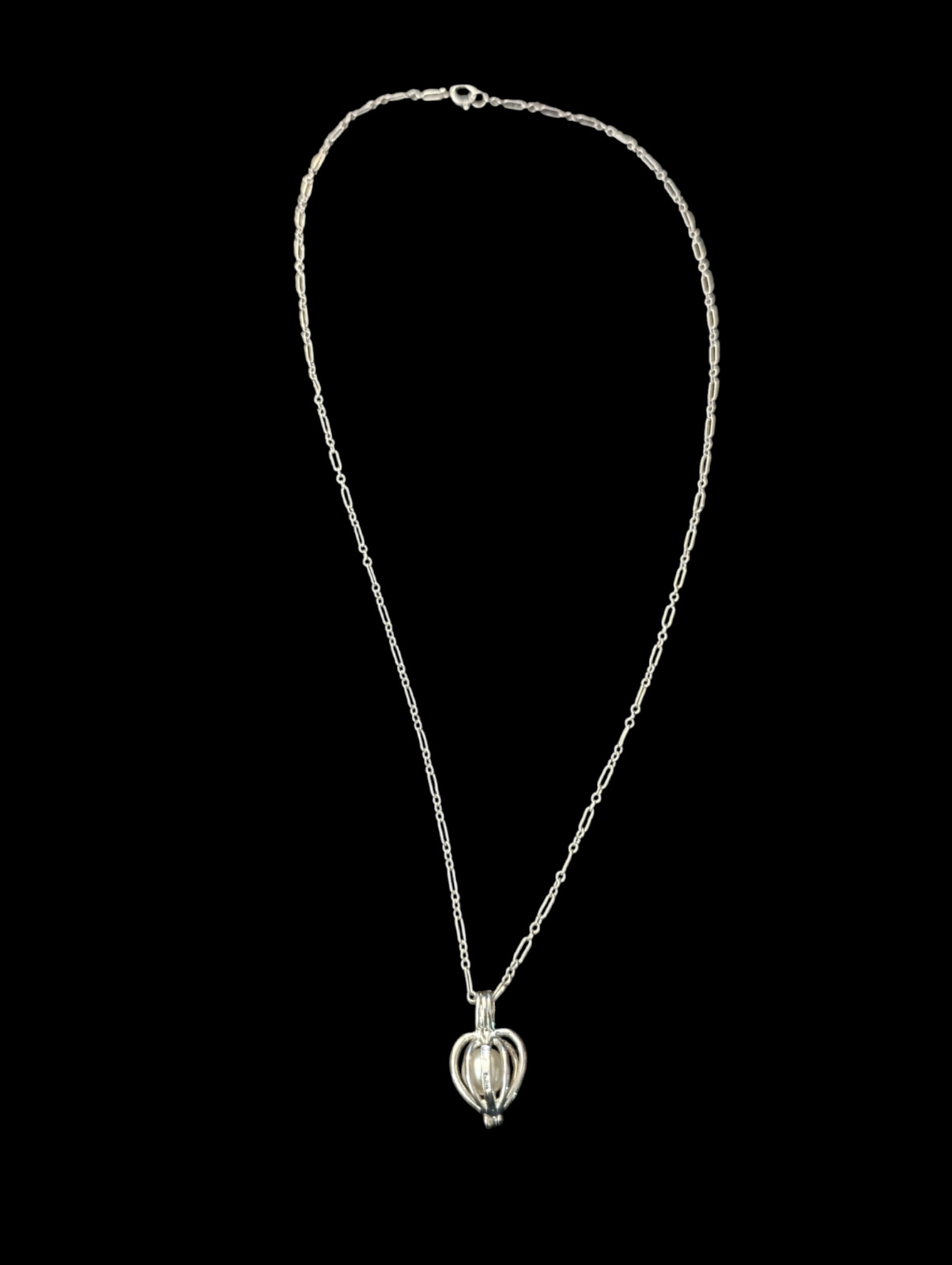 925 Sterling Rhodium Plated Caged Glass Pearl 21.3mm Pendant 17.5″ Chain