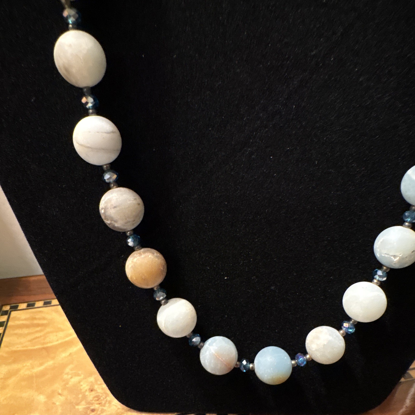 Handmade Blue/White Glass & Stone Beaded Necklace 20 in Ball/Bead Toggle