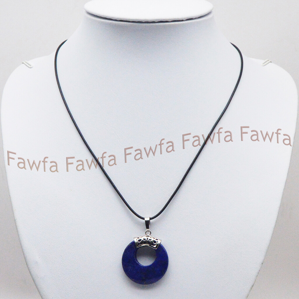 Fine 28mm Blue Lapis Lazuli Ring Round Pendant Black Leather Rope Necklace 18”