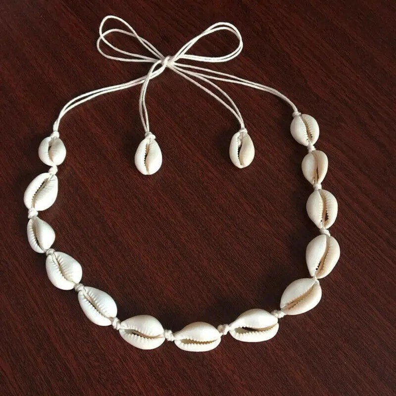 Cowrie Shell Choker Boho White String Necklace Surfer Beach Conch Puka, Hawaiian
