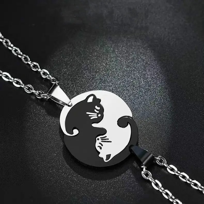 Two Cat Couple Necklaces Jewelry Stainless Steel Black White Kitten Animal Penda