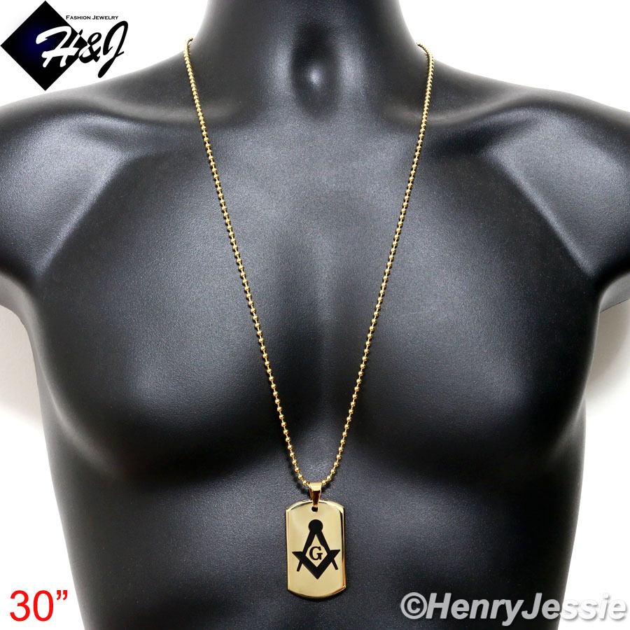 30″Stainless Steel 2.5mm Gold/Black Plated Bead Chain MASONIC Dog Tag Pendant*71