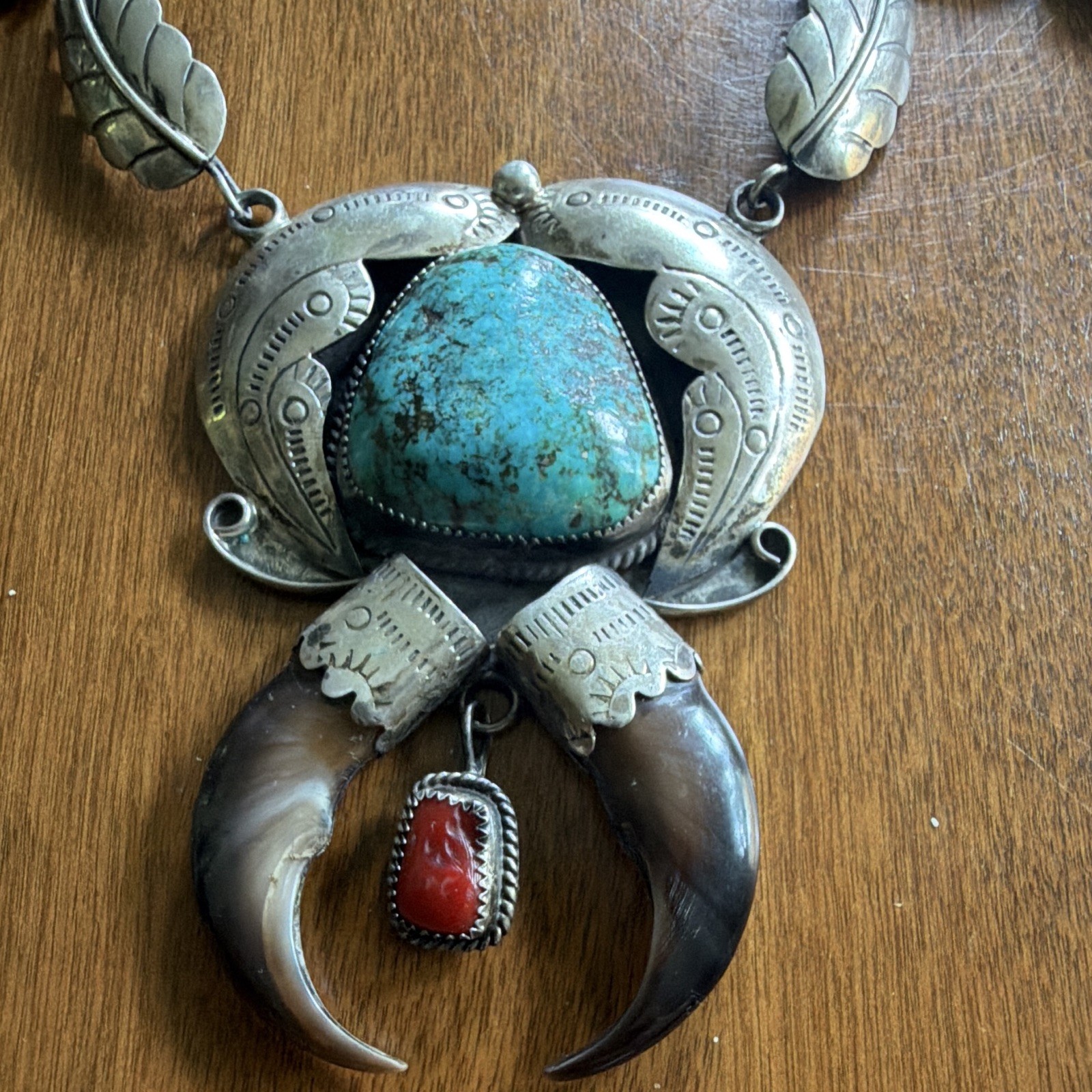 Turquoise & Coral Claw Charm Pendant Necklace, Silver Statement, Signed
