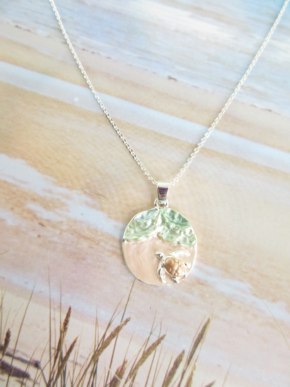 Beach Sea Turtle Necklace Pendant Silver Chain Summer Jewelry Ocean Scene Charm
