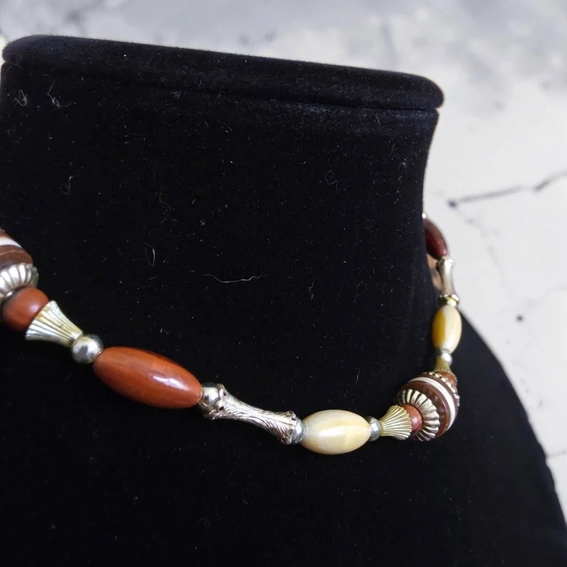 Vintage Wood & Metal Bead Choker – 37cm – Classic Design Wooden Gift Unique