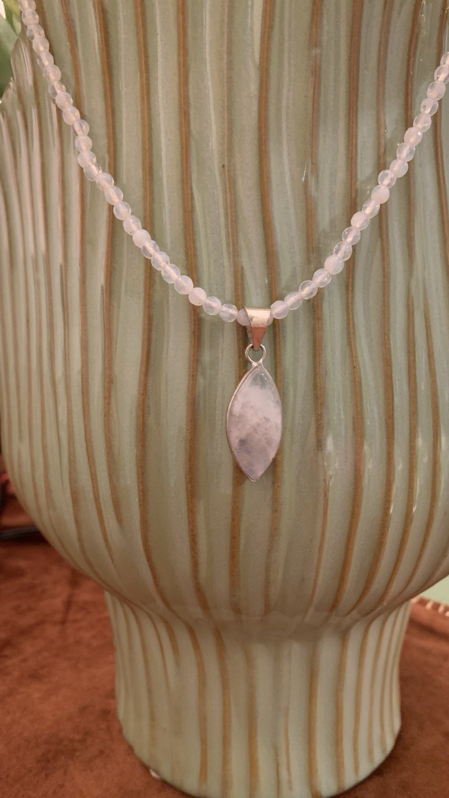 Opalite White Clear Beaded Necklace With Moonstone Pendent 925 Excellent