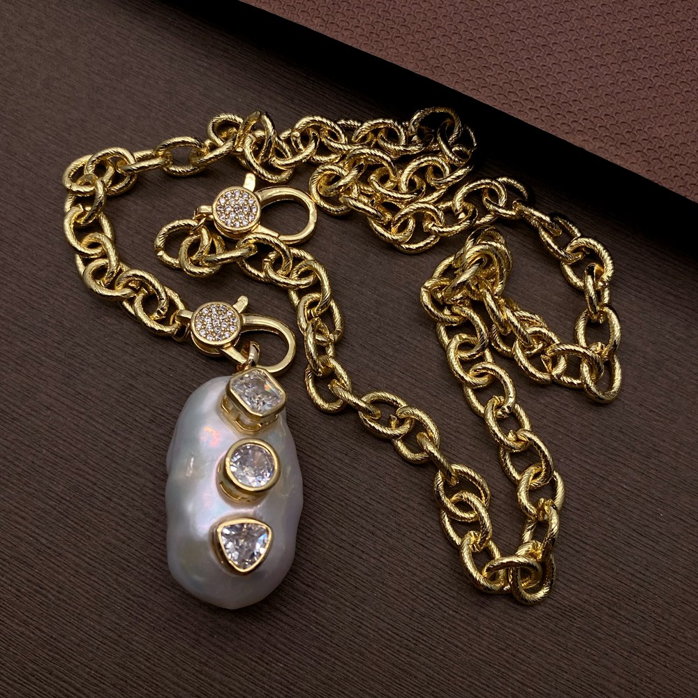 18x32mm natural white reborn keshi pearl pendant gold plated chain necklace