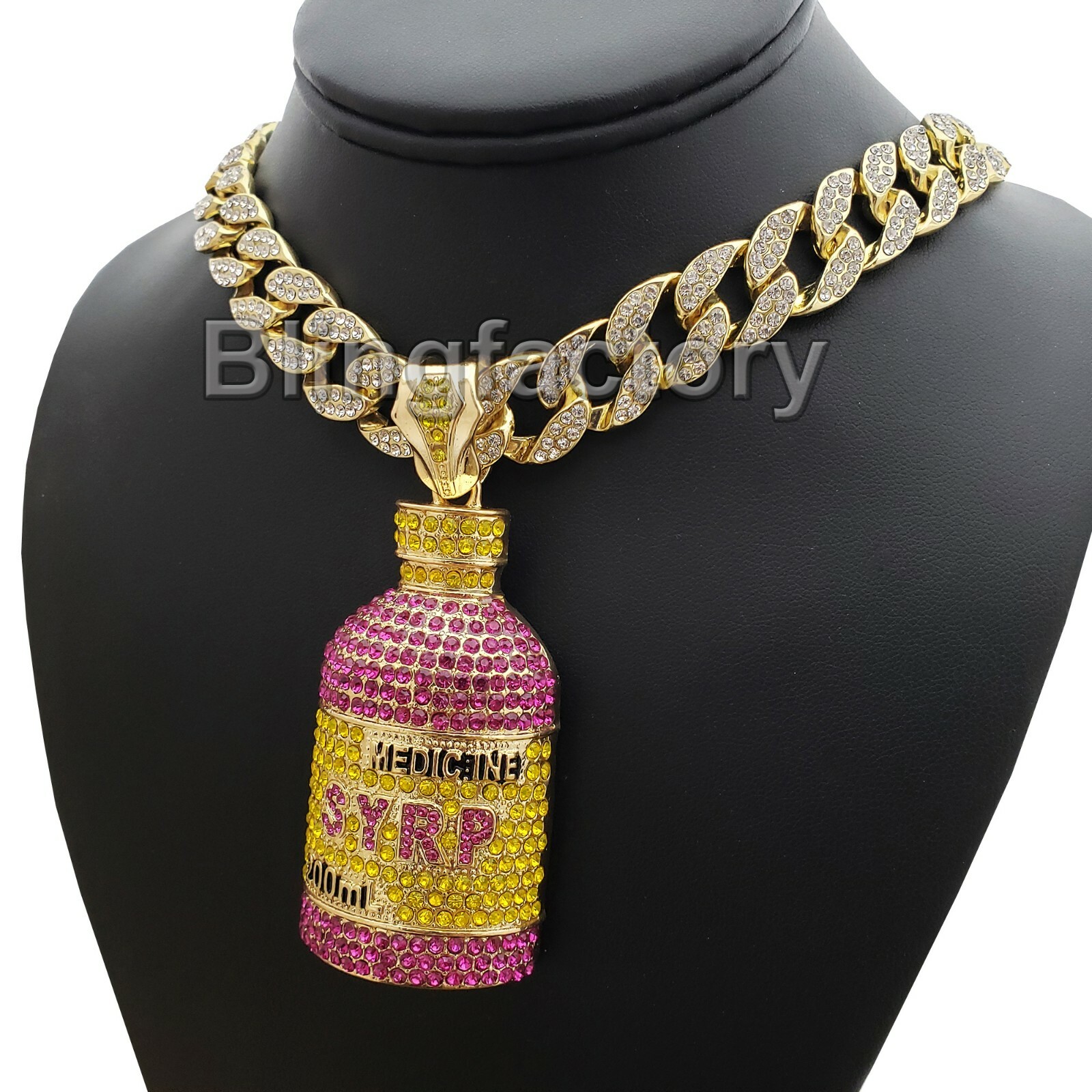 Hip Hop Lab Diamond Syrup Bottle Pendant & 18″ Full Iced Cuban Choker Chain Set