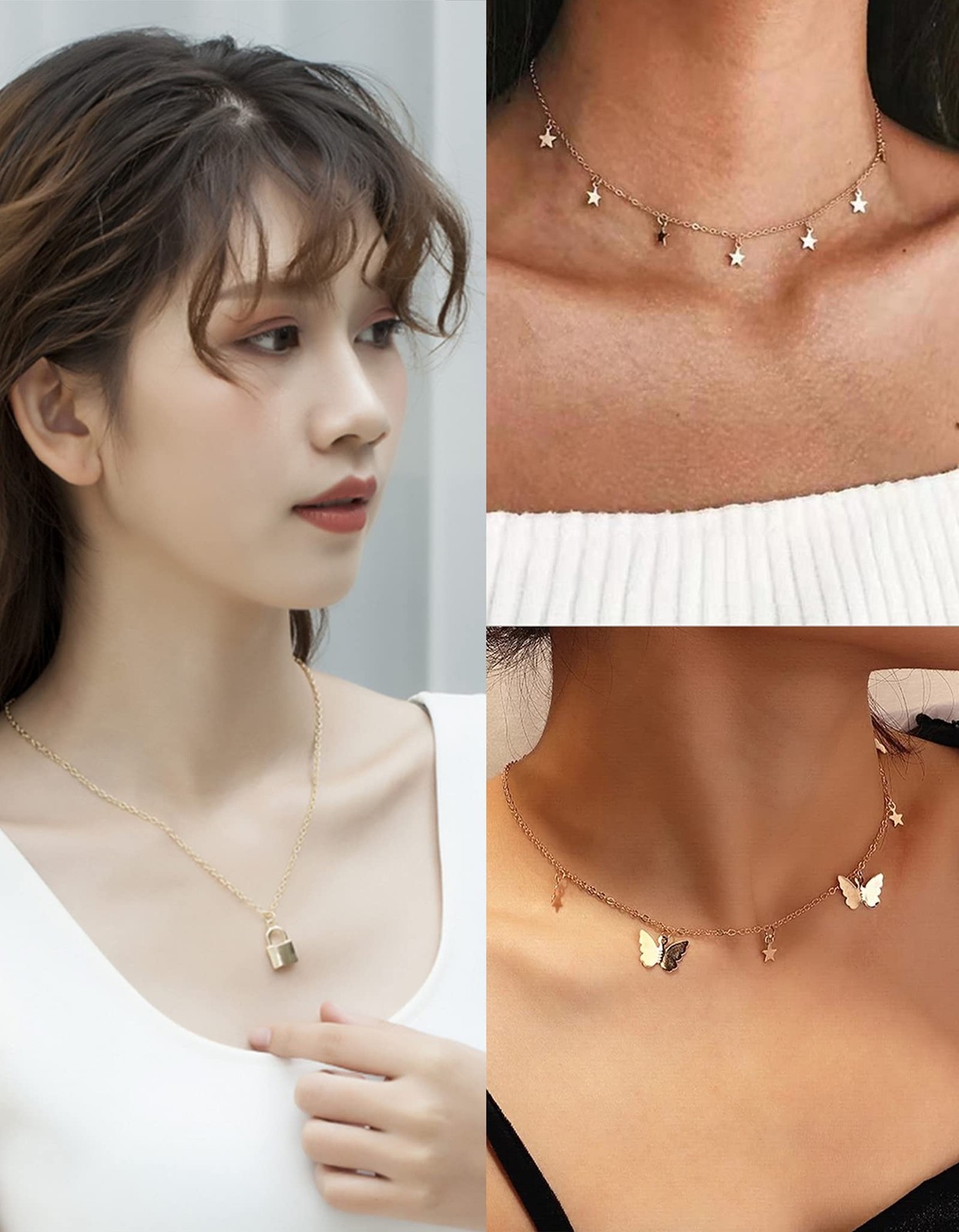 12pcs Chain Gold Bead Necklace Coin Moon Star Pearl Pendant Chain Choker Mult…