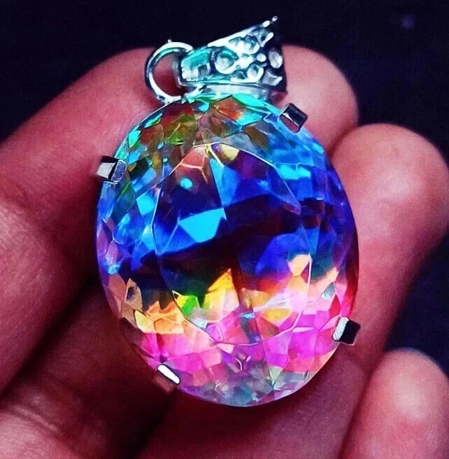 75.70 Ct Natural Mystic Topaz Round Cut Pendant 925 Solid Silver MR Gemstone T02