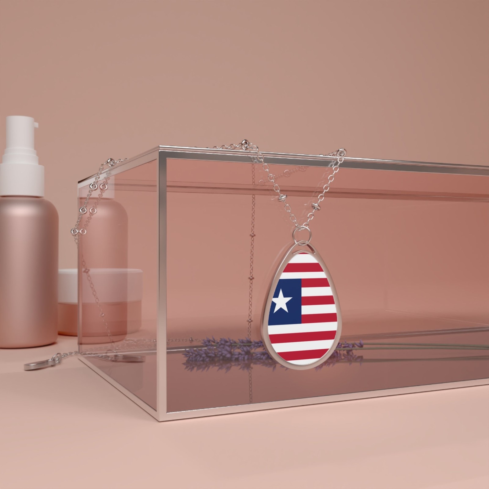 Liberia Flag Oval Necklace – Liberian Heritage Pendant – One Size / Silver