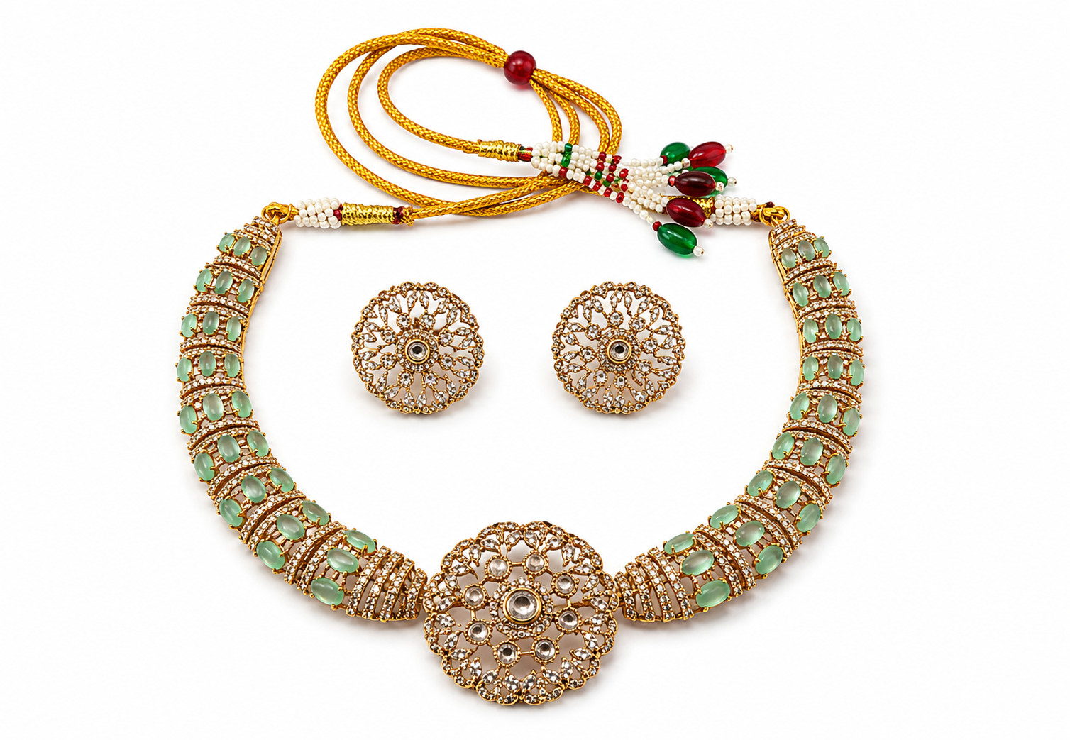 Indian Kundan Necklace Set Green Pendant Earrings Gold Plated Bridal Jewelry 102