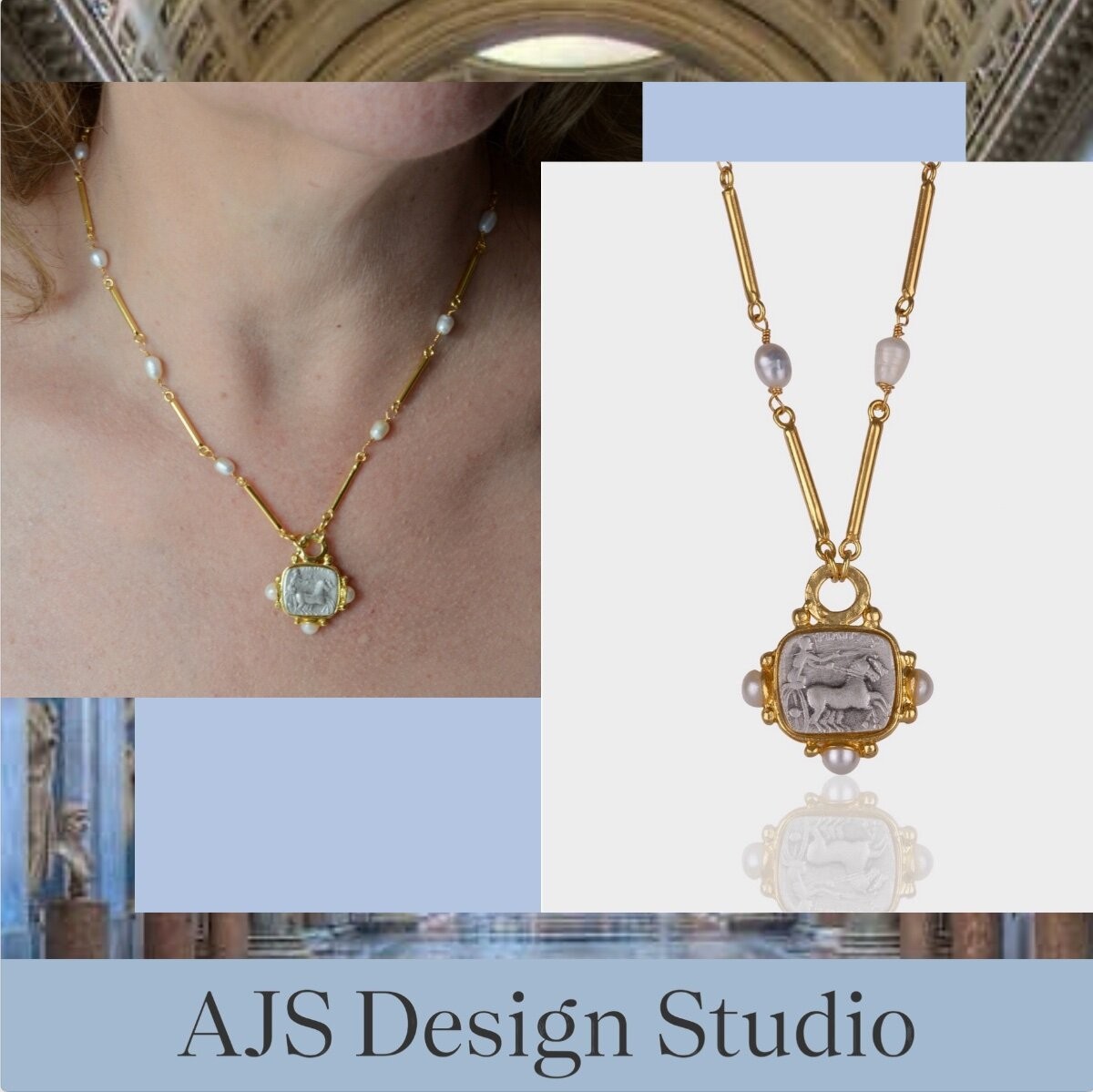 AJS Designs Roman Coin Necklace Pearl Gold Bar 22kt GP Gift