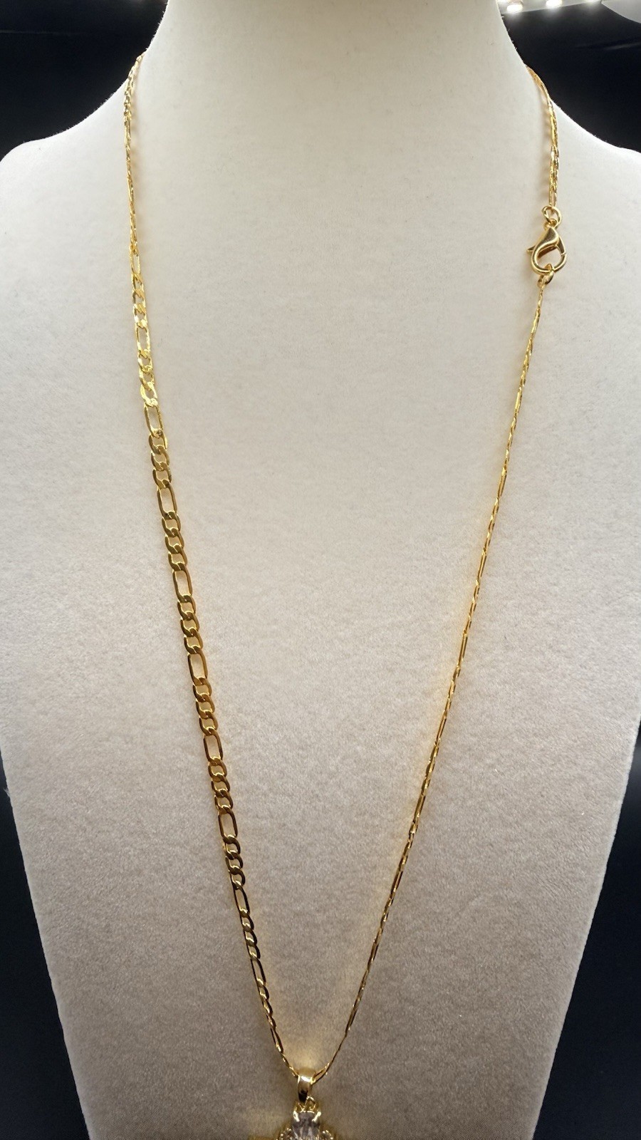 Gold Tone Cross Pendant Necklace Clear Crystal Prong Set, Figaro Chain
