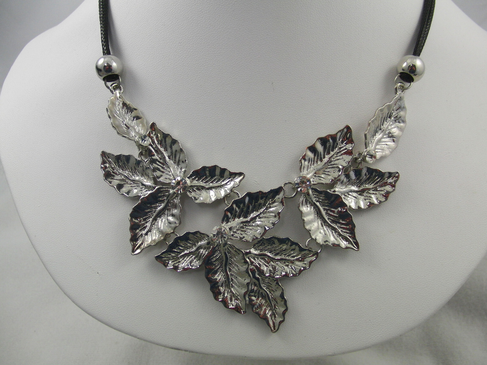 lot 2 necklaces silver leaves & flowers gray & clear rhinestones leather strip