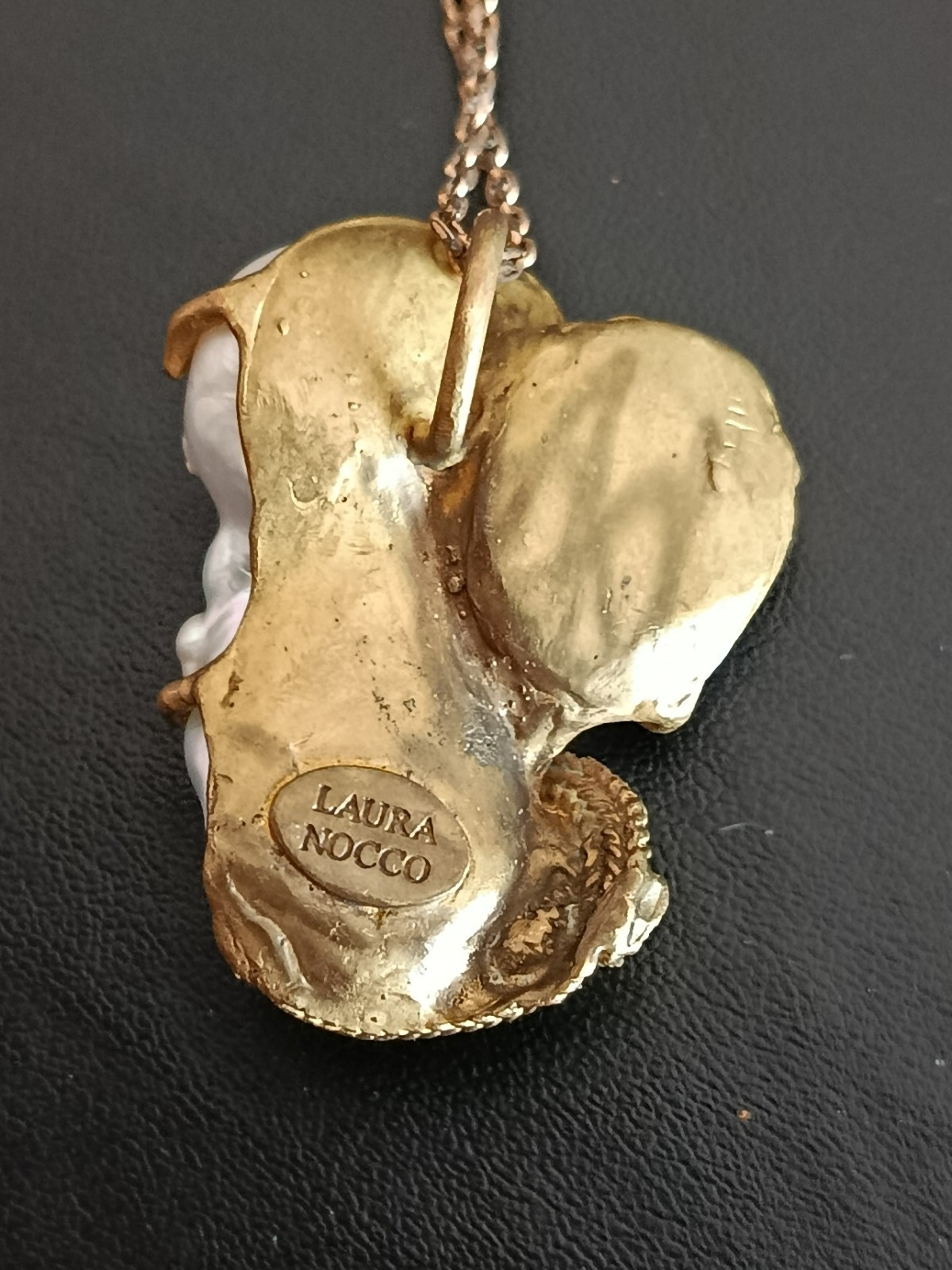 Laura Nocco Baroque Pearl Cat’s Eye Heart Bronze Pendant Signed Italy Rare Art