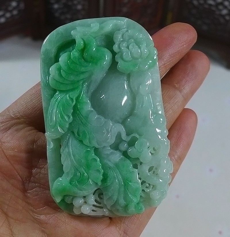 Cer’d Natural Type A Green Jadeite Jade Phoenix Kwan-yin Flower Pendant 8649
