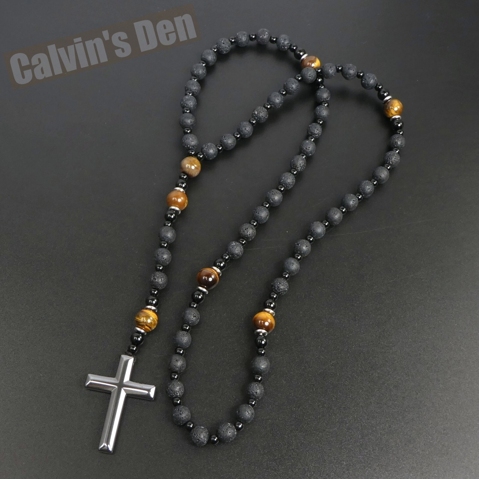 Lava Stone Tiger Eye Black Onyx Black Hematite Cross Rosary Necklace Men Gift