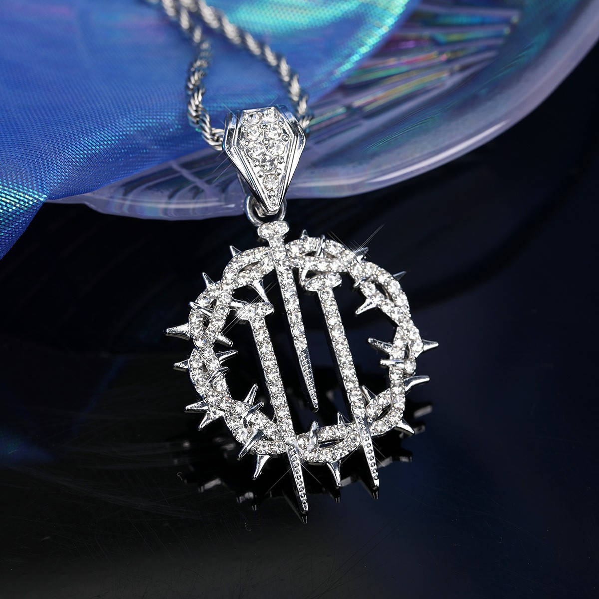 Iced Thorn Spikes Pendant Necklace Stainless Steel Twisted Rope Chain Unisex