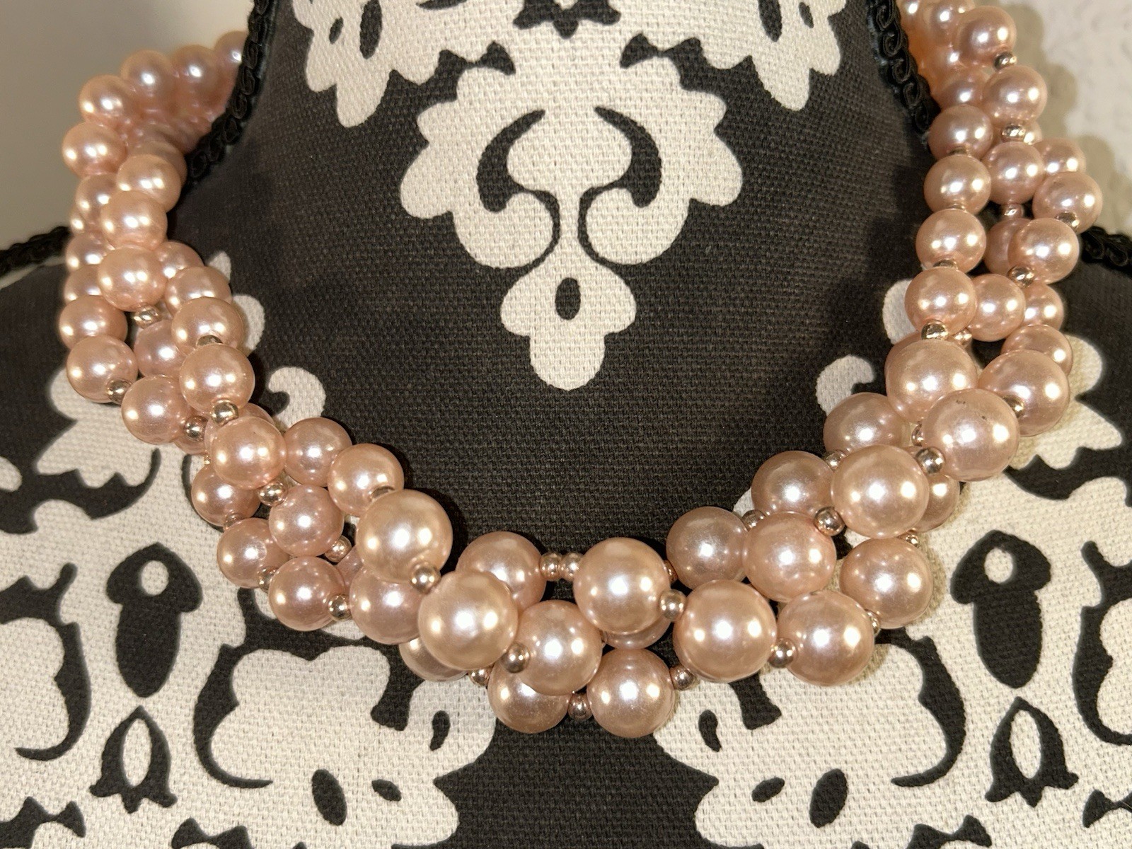 Light Pink Pearl Cluster Statement Necklace Multi Strand Chunky Twisted Choker