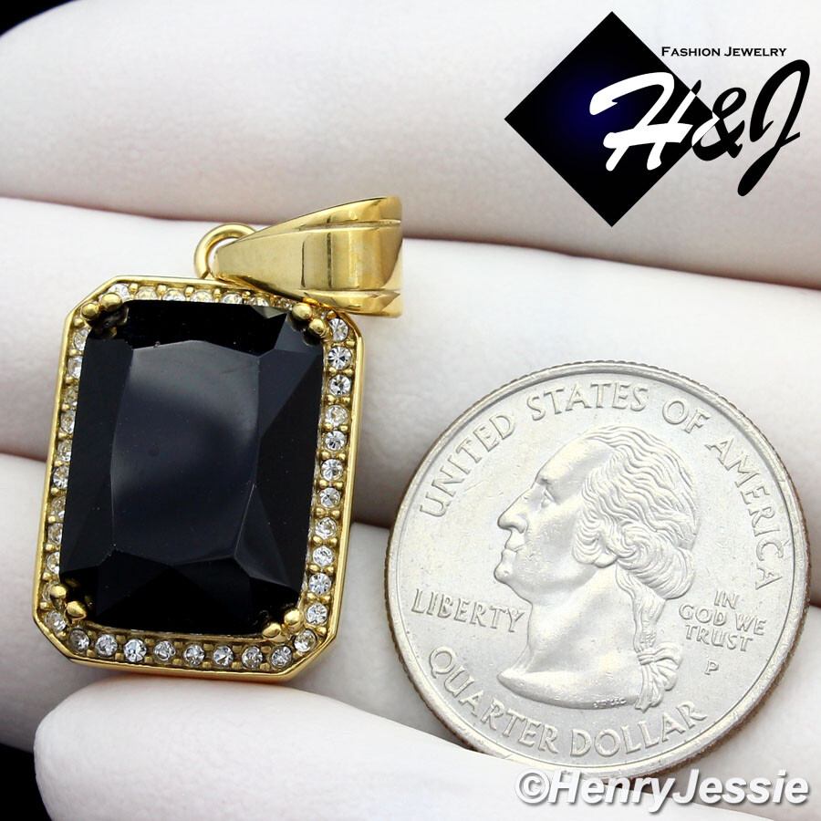 MEN’s Stainless Steel BLING Cubic Zirconia Black Onyx Gold Plated Pendant*GP98