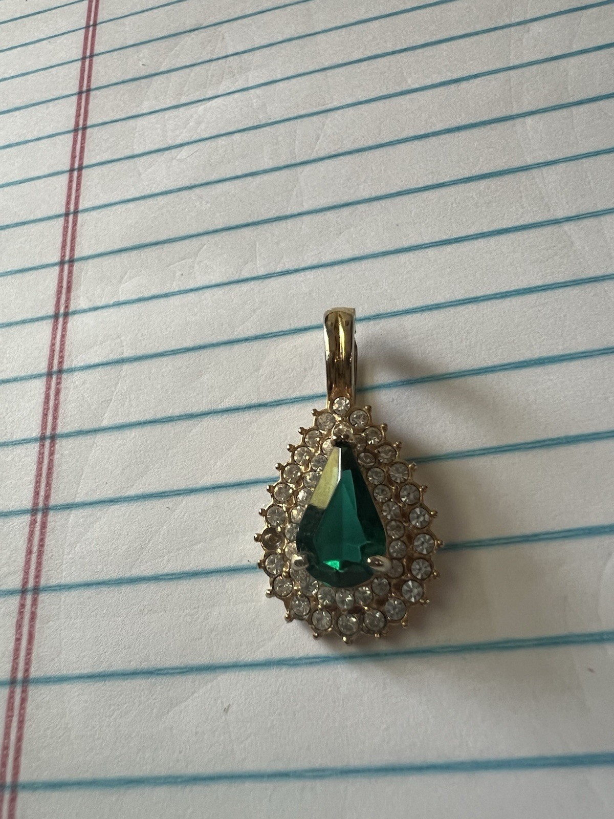Vintage Roman’s Teardrop Green Crystal Halo Pendant Charm, Yellow Gold Tone Bail