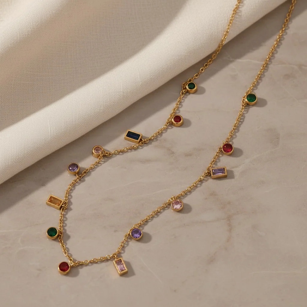 Rainbow Gemstone Choker Necklace | Multicolor CZ Baguette & Round Charm | Gold