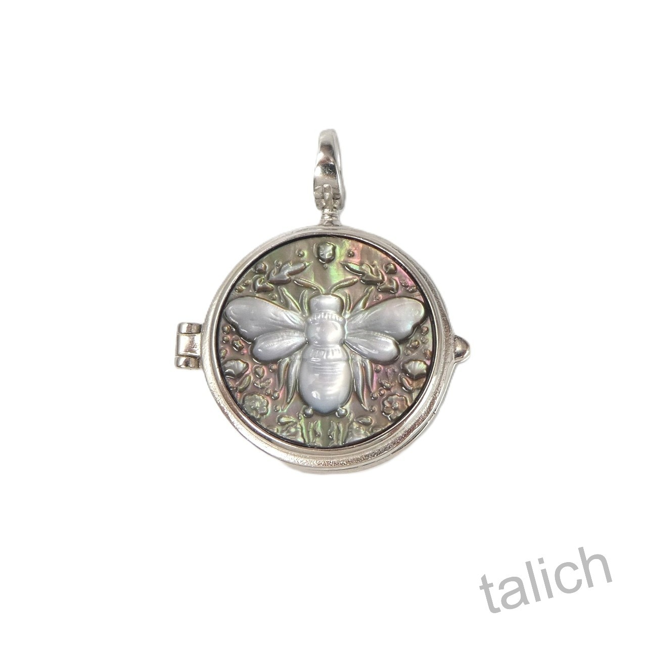 925 Sterling Silver Black Mother of Pearl Bee & Rose Cameo Locket Pendant Unique