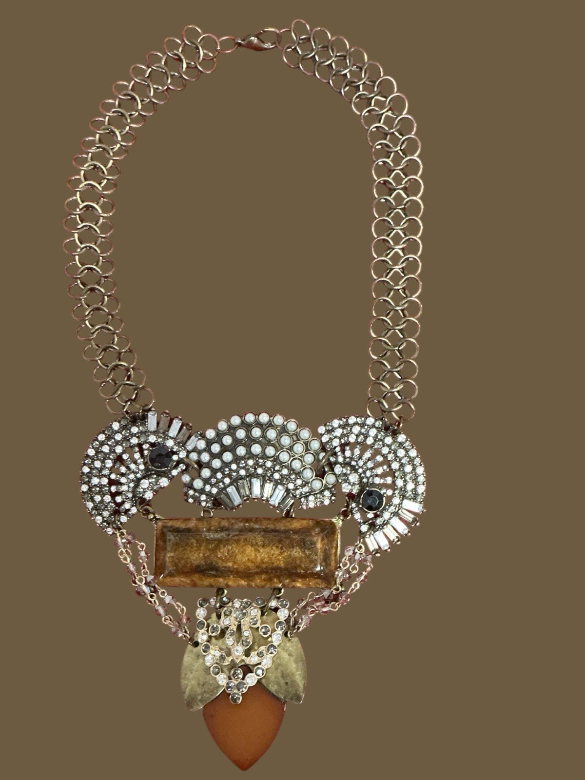 Art Deco Tiger’s Eye Resin faux pearl and clean rhinestone statement necklace