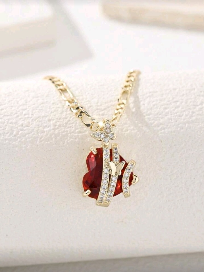 14K Gold Plated Copper Red CZ Heart Necklace Butterflies White/Colorless CZ