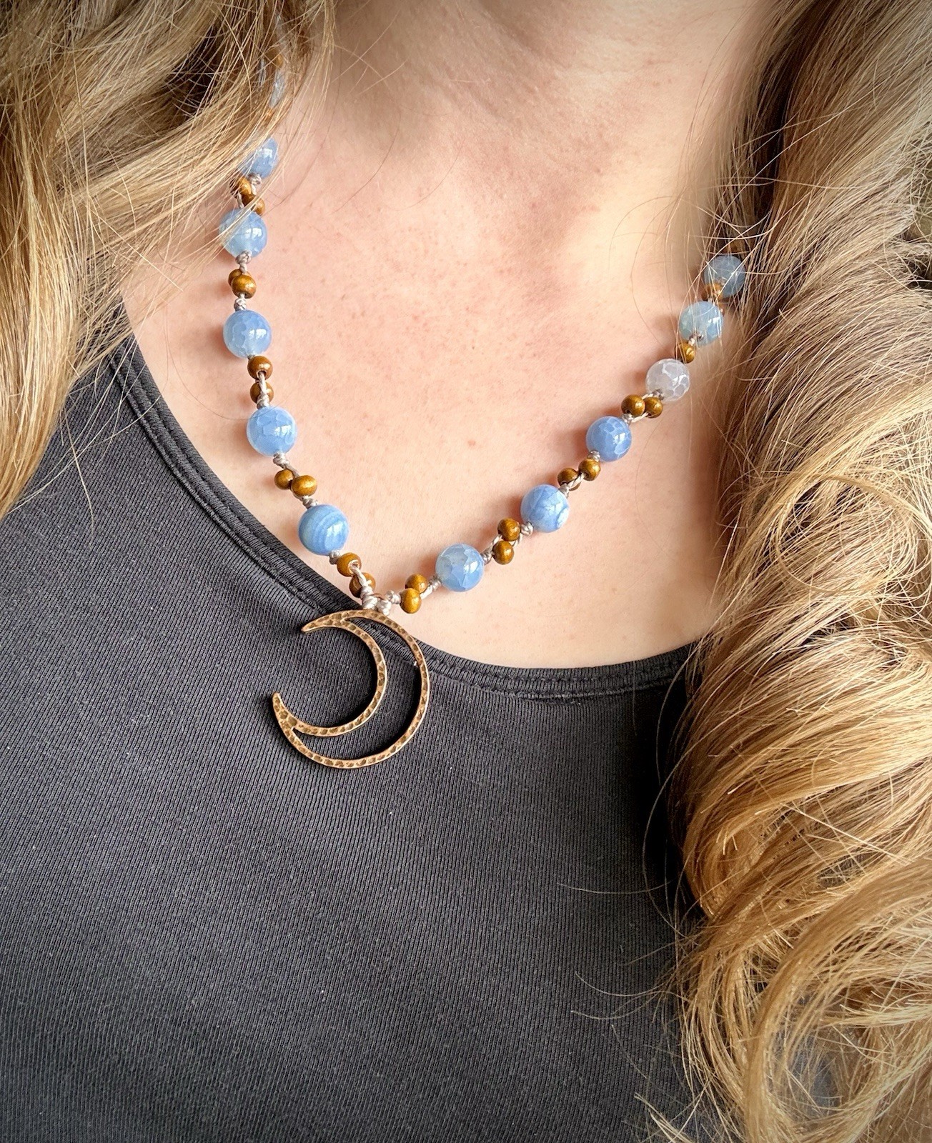Copper Moon Pendant Necklace w/ Blue Banded Crackle Agate Crystal USA Artisan