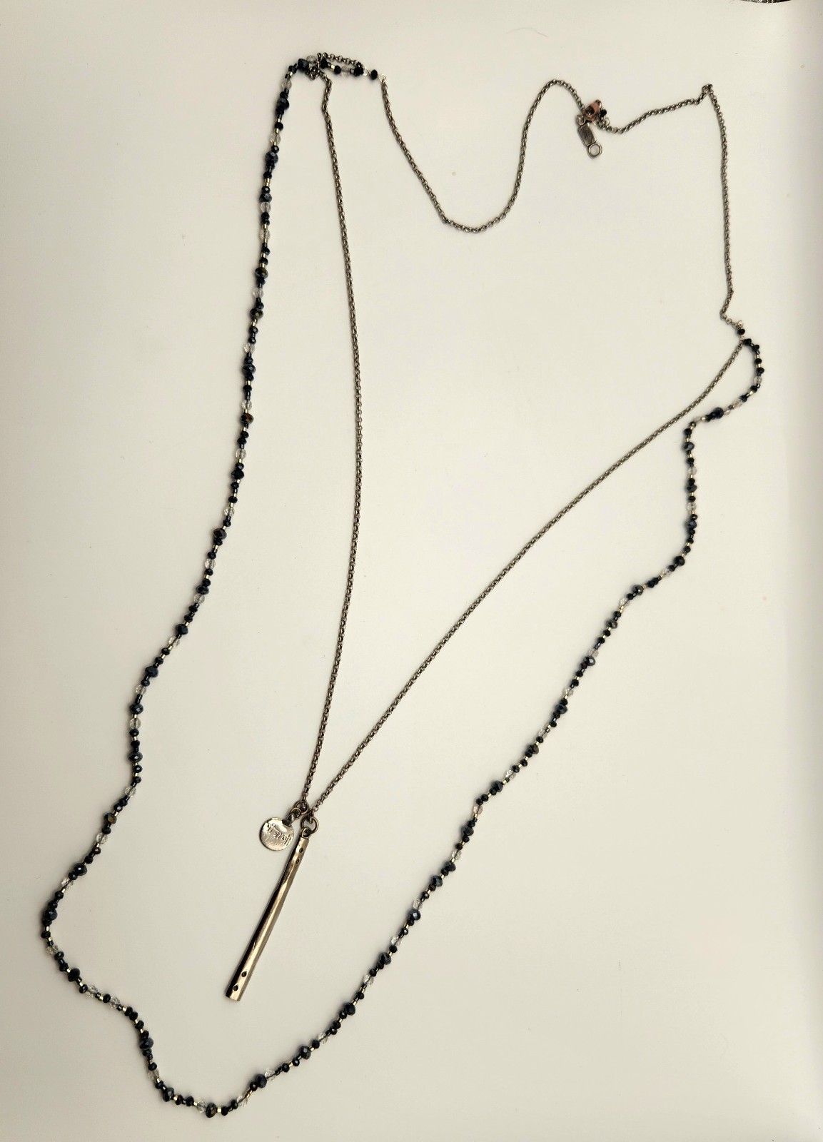 Chan Luu 42″ Layered Black Crystal Beaded Necklace Silver Tone Bar Pendant Boho